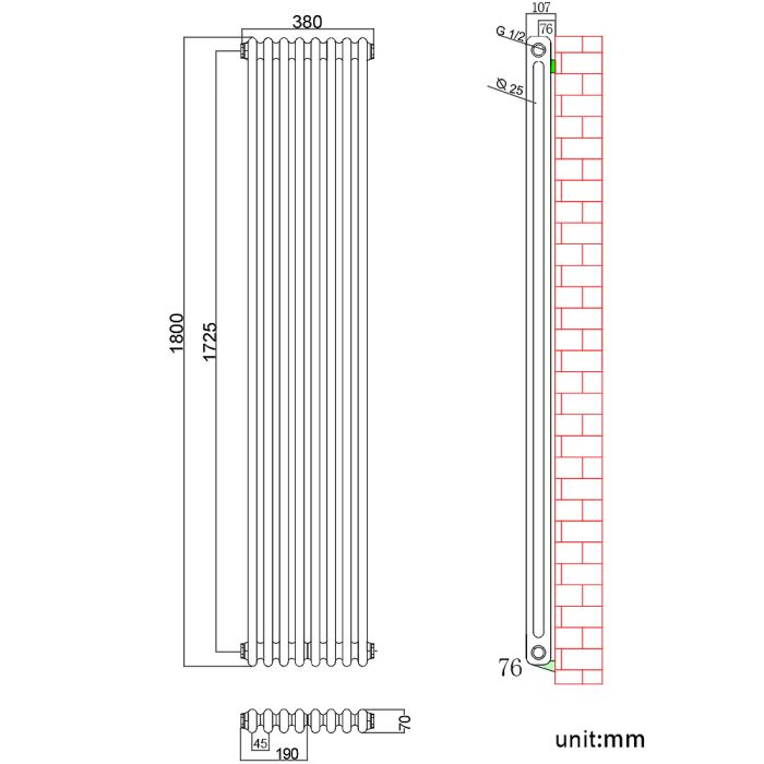 NILE Traditional 1800x380mm Anthracite 2 Column Victorian Grey Vertical Radiator