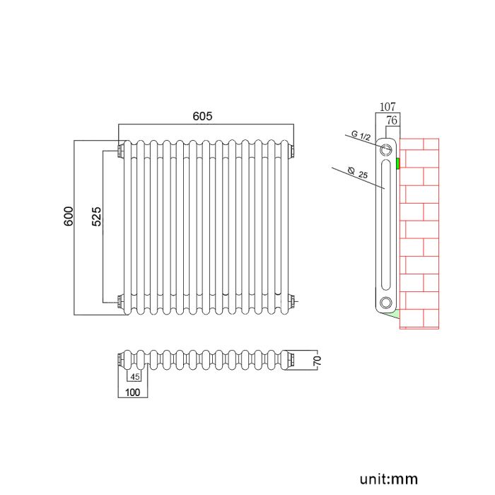 NILE Traditional 600x605 Anthracite Victorian Grey Horizontal Radiator Double Column Radiator