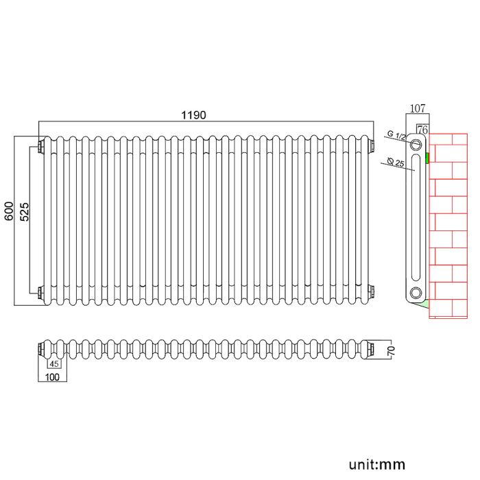 NILE Traditional 600x1190mm Anthracite Victorian Grey 2 Column Horizontal Radiator
