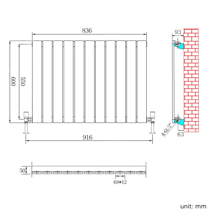 NILE 600X836mm White Horizontal Designer Single Column Flat Panel Radiator
