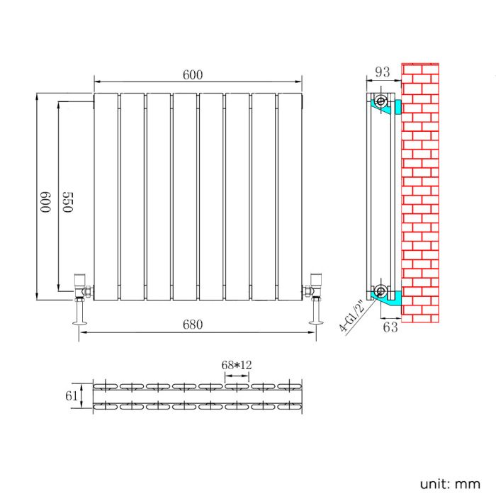 NILE 600X600 White Double ELEGANT Horizontal Designer Column Flat Panel Radiator