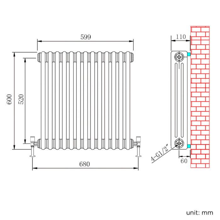 NILE  600x599mm Traditional Radiator Cast Iron Style 3 Column White Horizontal Radiator