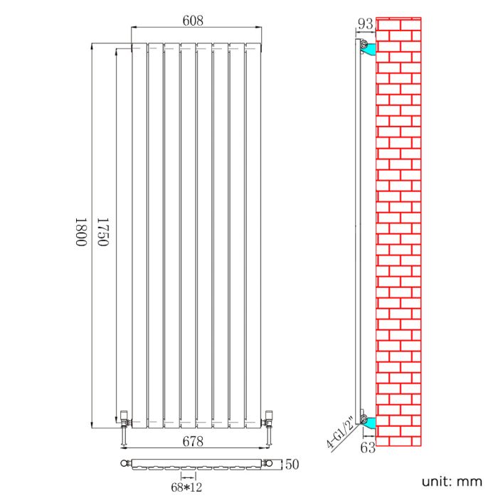 NILE 1800 x 608mm Vertical Column Designer Single Anthracite Flat Panel Radiator