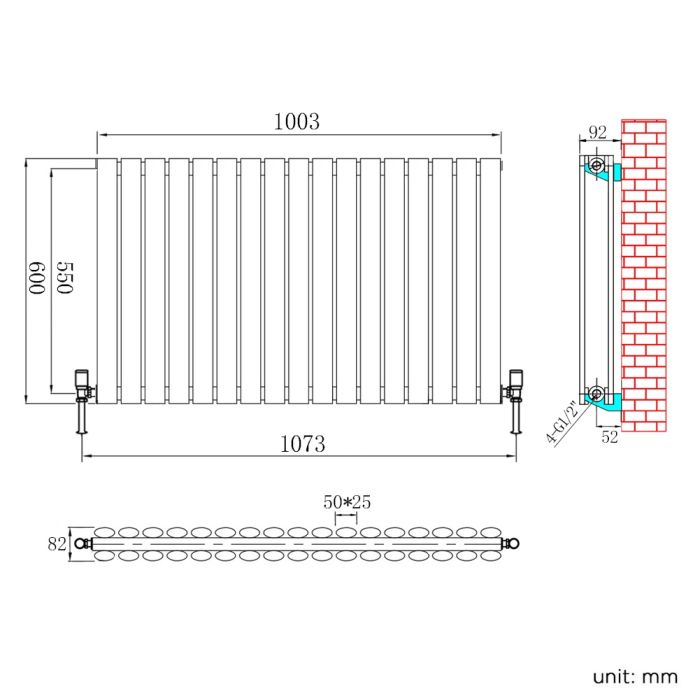 NILE 600x1003mm Double Anthracite Modern Design Grey Oval Panel Horizontal Radiator