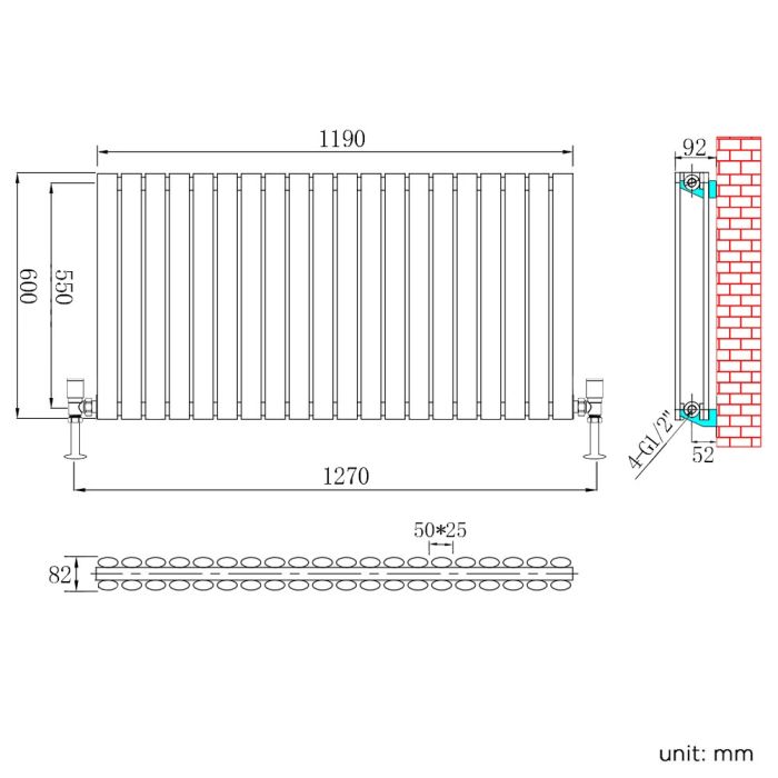 NILE 600x1190mm Double Anthracite Modern Design Grey Oval Panel Horizontal Radiator