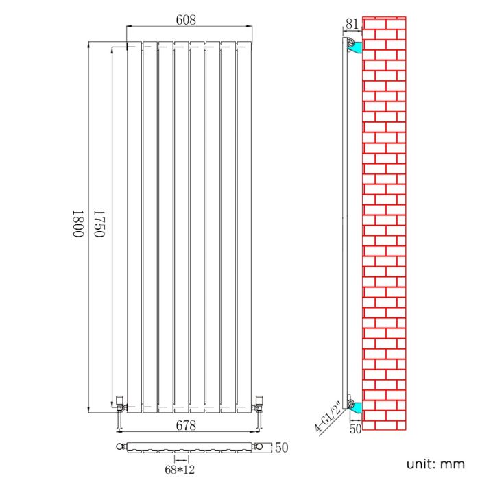 NILE 1800 x 608mm Vertical Column Designer Single White Flat Panel Radiator