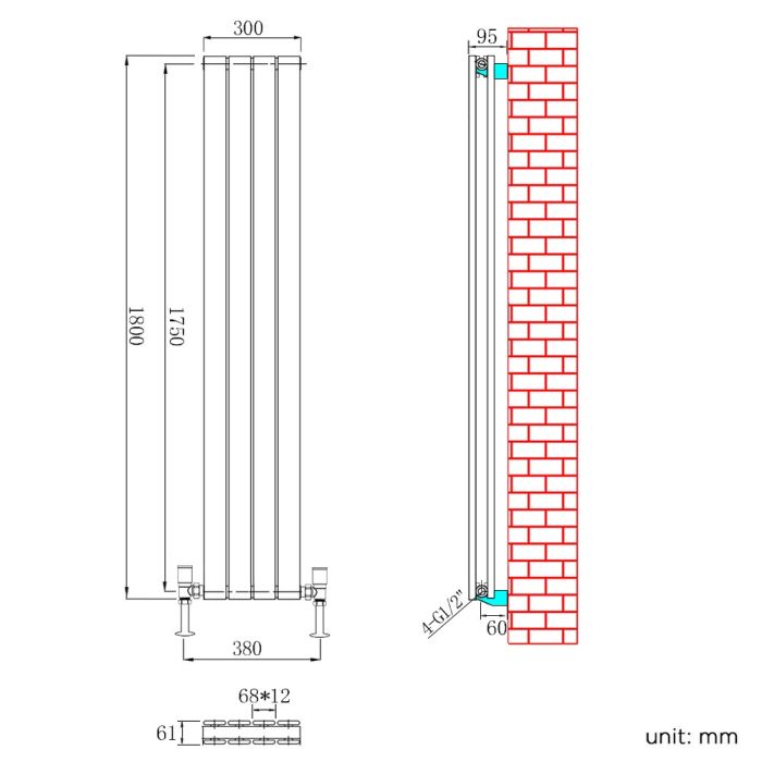 NILE 1600 x300mm Vertical Designer Double White Flat Panel Column Radiator
