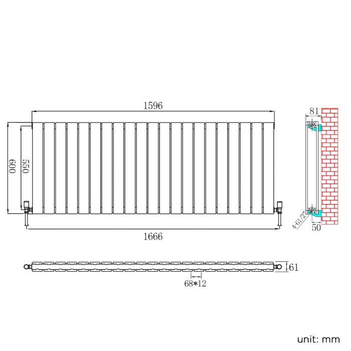 NILE 600 x 1596mm Anthracite Double Flat Panel Horizontal Designer Grey Column Radiators