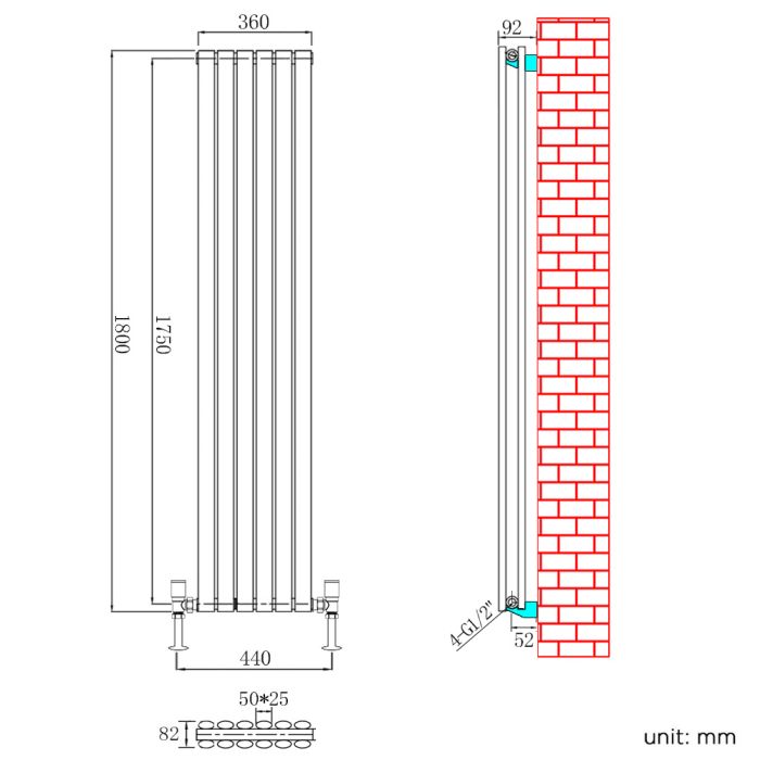 NILE 1800x360 Anthracite Oval Double Panel Slim Designer Radiator Vertical Grey Radiator