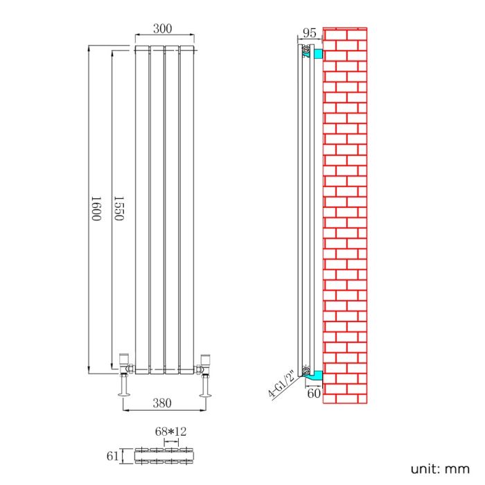 NILE 1600 x300mm Vertical Designer Double Anthracite Flat Panel Grey Column Radiator