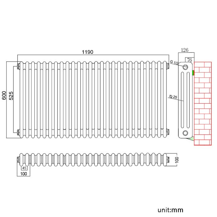 NILE Traditional 600x1190mm 3 Column Anthracite Grey Horizontal Radiator SKU R13-6011A