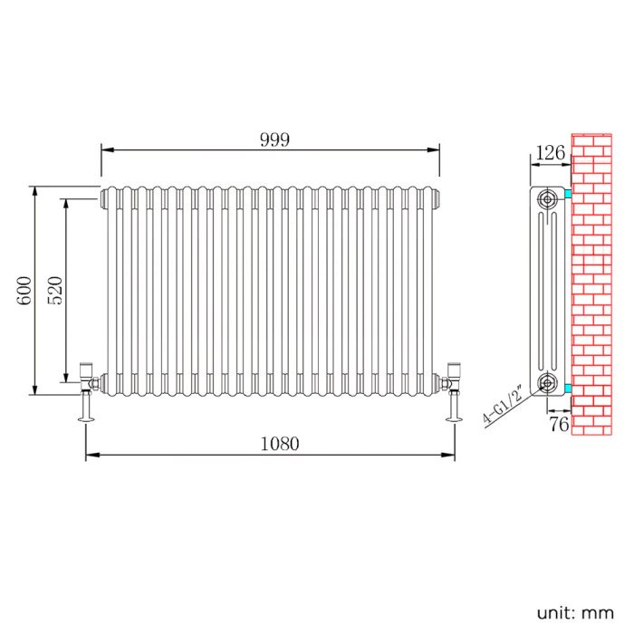 NILE Traditional Radiator Cast Iron Style 3 Column White Horizontal Radiator 600x999mm