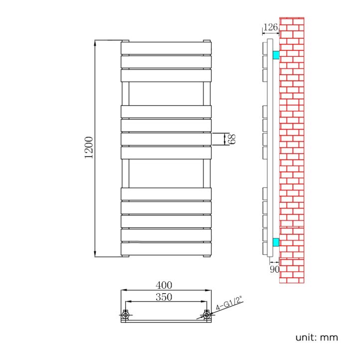 NILE 1200 x 400mm Modern Design Chrome Flat Panel Heated Towel Rails Radiators