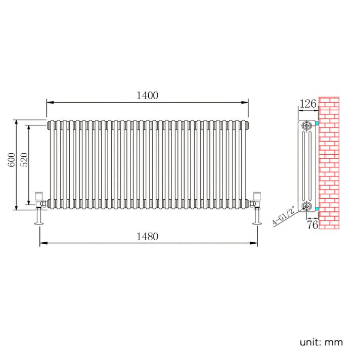 NILE 600x1400mm Traditional Radiator Cast Iron Style 3 Column White Horizontal Radiator