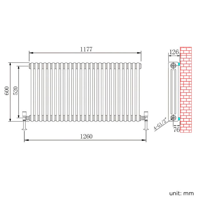 NILE 600x1177mm Traditional Radiator Cast Iron Style White Horizontal Radiator 3 Columns