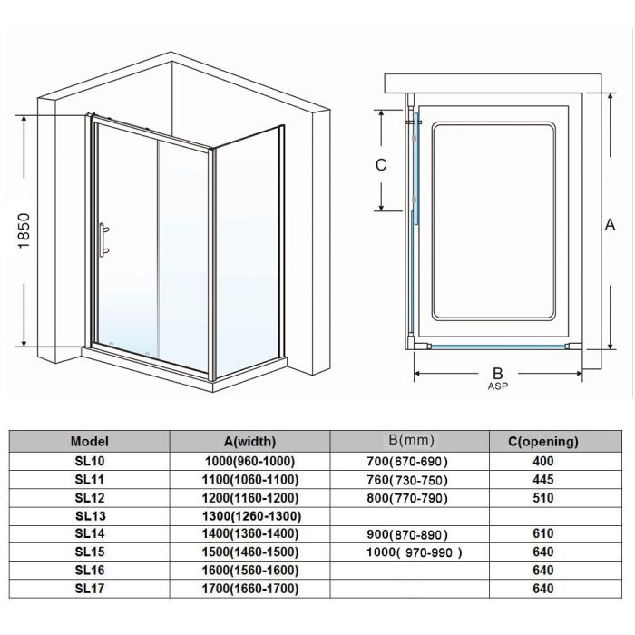 NILE 1600 x 760mm Sliding Shower Enclosure Shower Screen Door with Side Panel