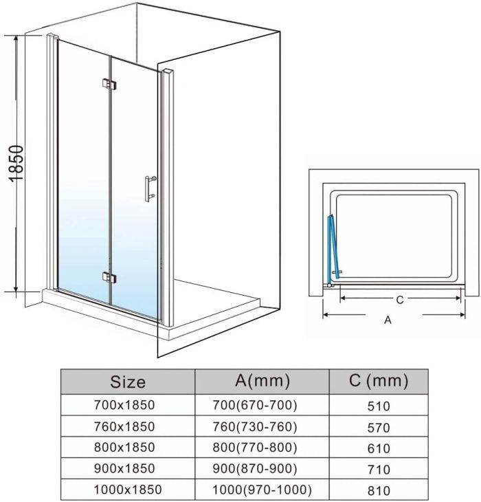 NILE 700mm Frameless Bi-fold Hinged Shower Door Shower Screen