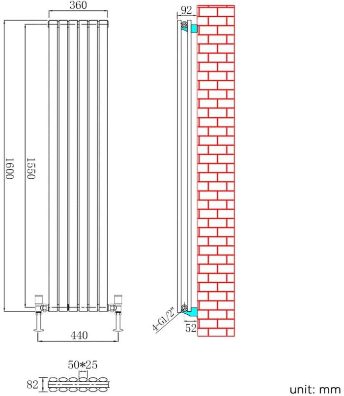 NILE 1600x360mm Anthracite Oval Double Panel Designer Radiator Vertical Radiator