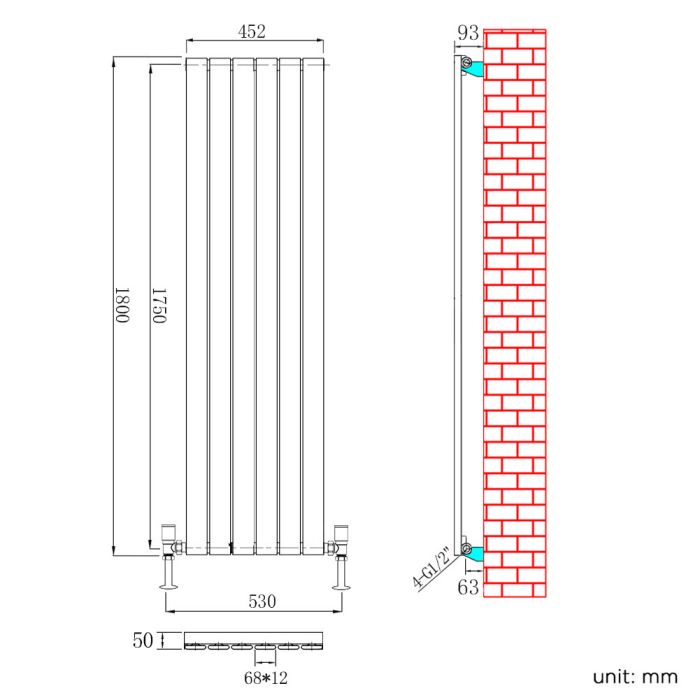 NILE 1800 x452mm Vertical Column Designer Single White Flat Panel Radiator