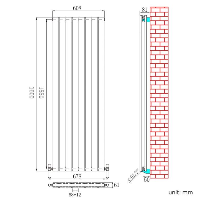 NILE 1600 x 608mm Vertical Column Designer Double White Flat Panel Radiator