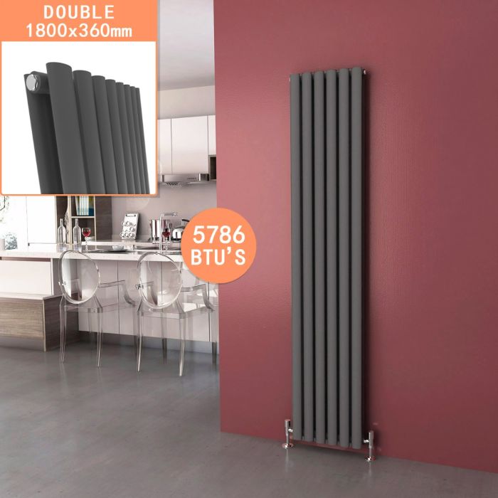 NILE 1800x360 Anthracite Oval Double Panel Slim Designer Radiator Vertical Grey Radiator
