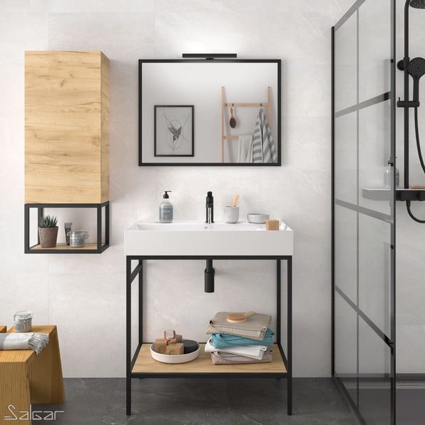 Black Vinci Noir 600mm frame Unit with Oak Shelf & Basin - 600mm x 460mm - Salgar
