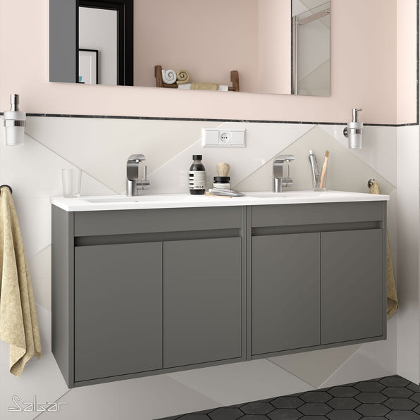 Noja 1200mm Wall Hung Vanity Unit 4 Doors Gloss White + Basin