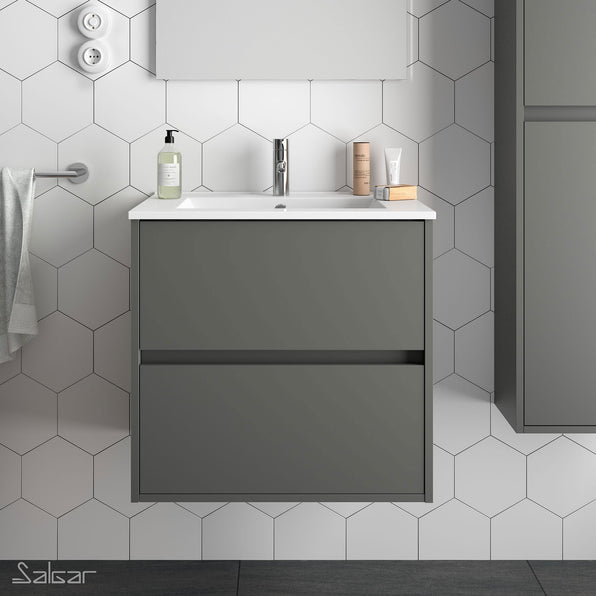 Noja 600mm Wall Hung Vanity Unit 2 Drawer Matt Grey + Basin