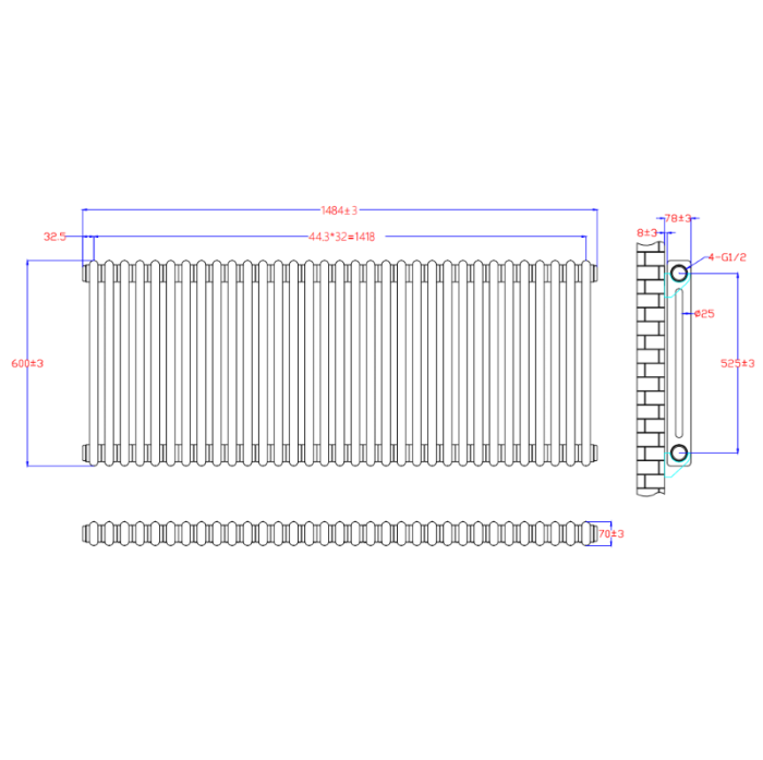 NILE 600x1484mm Horizontal White Traditional Cast Iron Style 2 Column Radiator