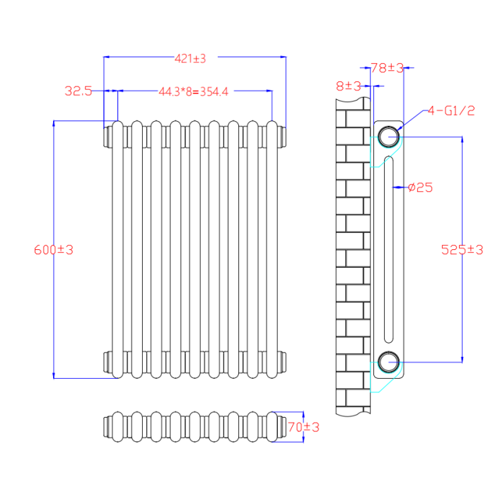 NILE 600x421mm Horizontal White Traditional Cast Iron Style 2 Column Radiator