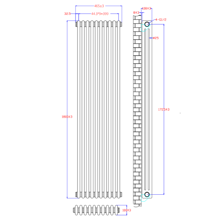 NILE 1800x465mm Traditional Radiator Cast Iron Style White Vertical Radiator 3 Columns