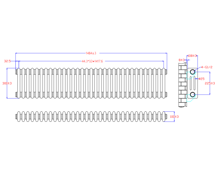 NILE 300x1484mm Traditional Radiator Cast Iron Style White Horizontal Radiator 3 Columns