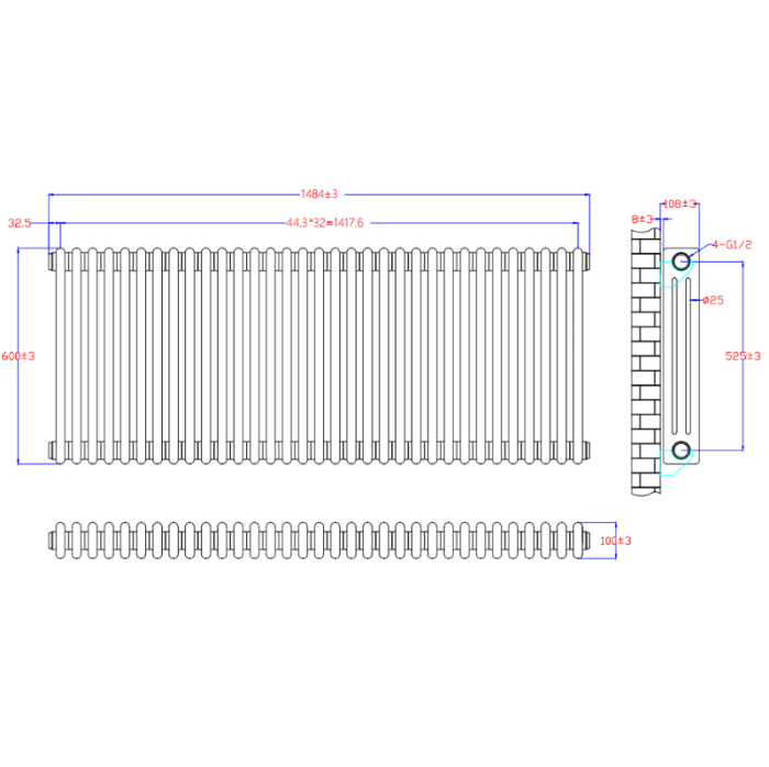 NILE 600 x 1484 mm Traditional Radiator Cast Iron Style 3 Column White Horizontal Radiator