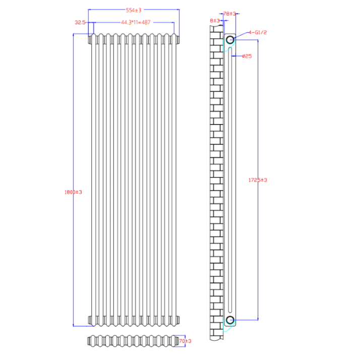 NILE 1800 x 554 mm 2 Column Traditional Radiator Anthracite Double Vertical Cast Iron Radiator Grey