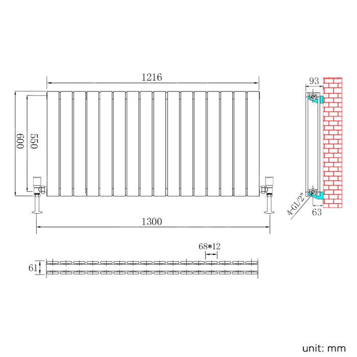 NILE 600x1216mm Double Designer White Horizontal Radiator Flat Panel