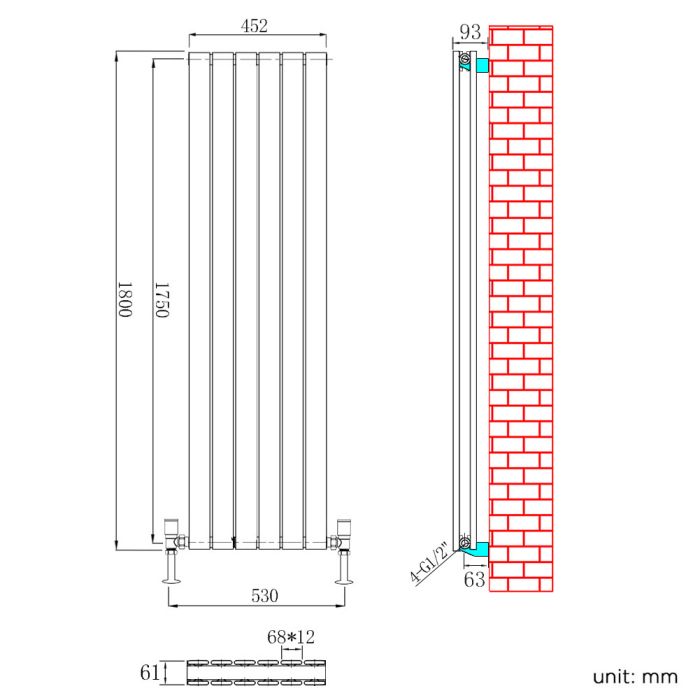 NILE 1800 x452mm Double Vertical Designer Radiator Column Tall Upright Central Heating Radiator