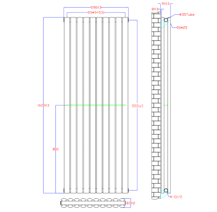 NILE 1600x590mm Anthracite Oval Double Panel Slim Designer Grey Radiator Vertical Radiator
