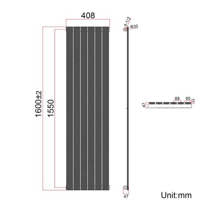 NILE 1600 x 408mm Black Vertical Radiator Tall Upright Single Flat Panel Radiator