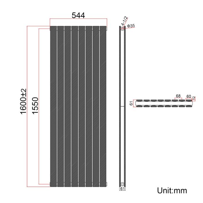 NILE 1600 x 544mm Black Vertical Radiator Tall Upright Double Flat Panel Radiator