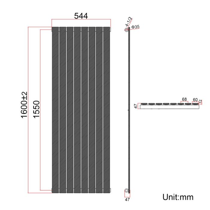 NILE 1600 x 544mm Black Vertical Radiator Tall Upright Single Flat Panel Radiator