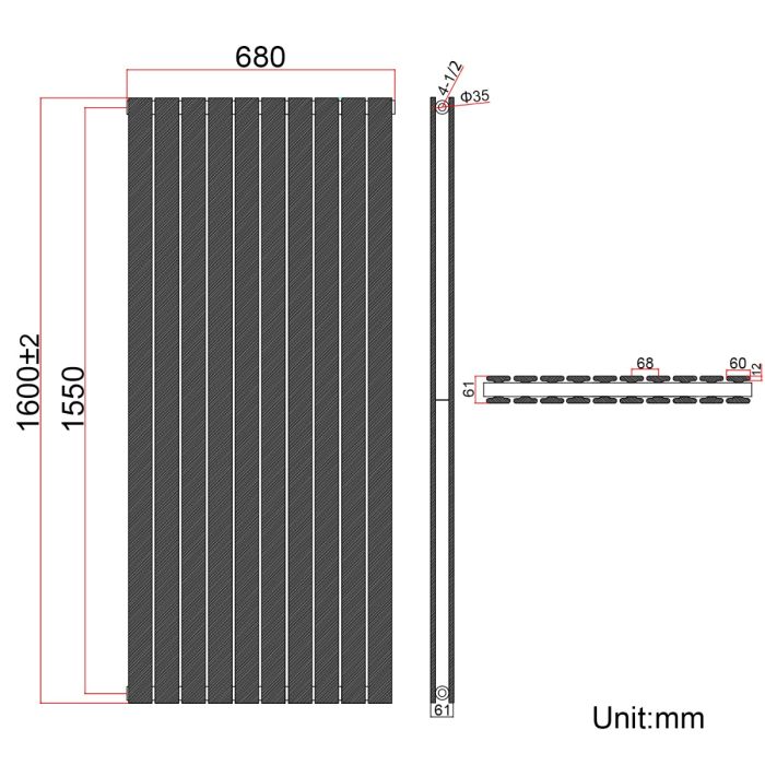 NILE 1600 x 680 mm Black Vertical Radiator Tall Upright Double Flat Panel Radiator