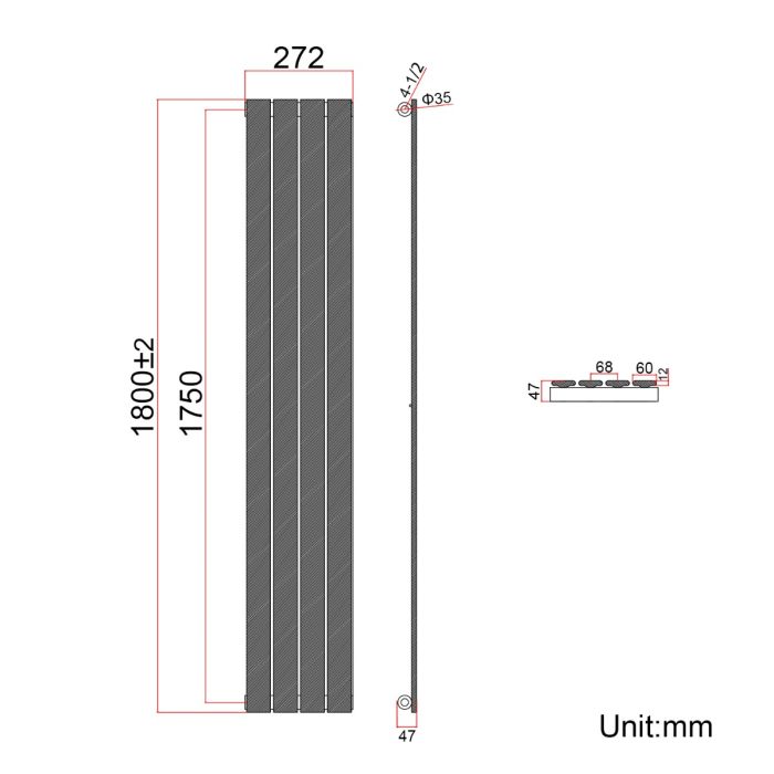 NILE Black Single Panel Radiator 1800 x 272 mm Modern Flat Panel Column Designer Radiator
