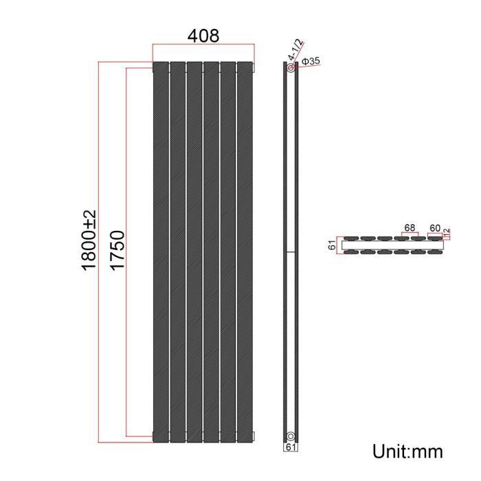 NILE Black Double Panel Radiator 1800 x 408mm Modern Flat Panel Column Designer Radiator