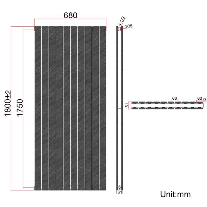 NILE Black Double Panel Radiator 1800 x 680 mm Modern Flat Panel Column Designer Radiator