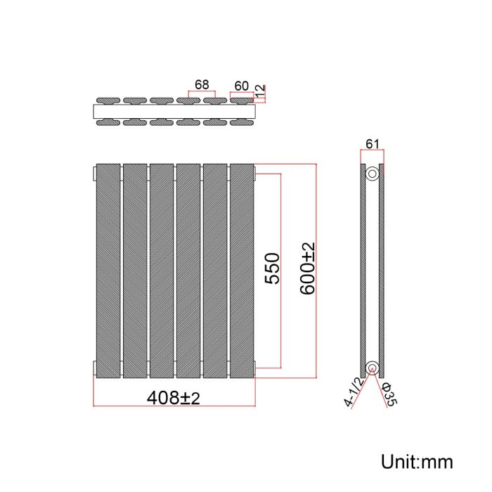NILE 600 x 408mm Black Horizontal Radiator Double Flat Panel Radiator