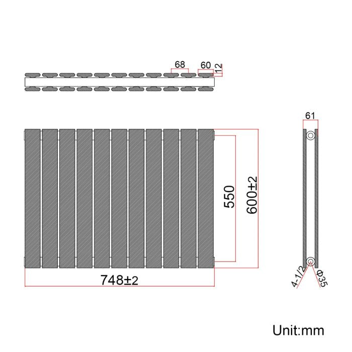 NILE 600 x 748 mm Black Horizontal Radiator Double Flat Panel Radiator