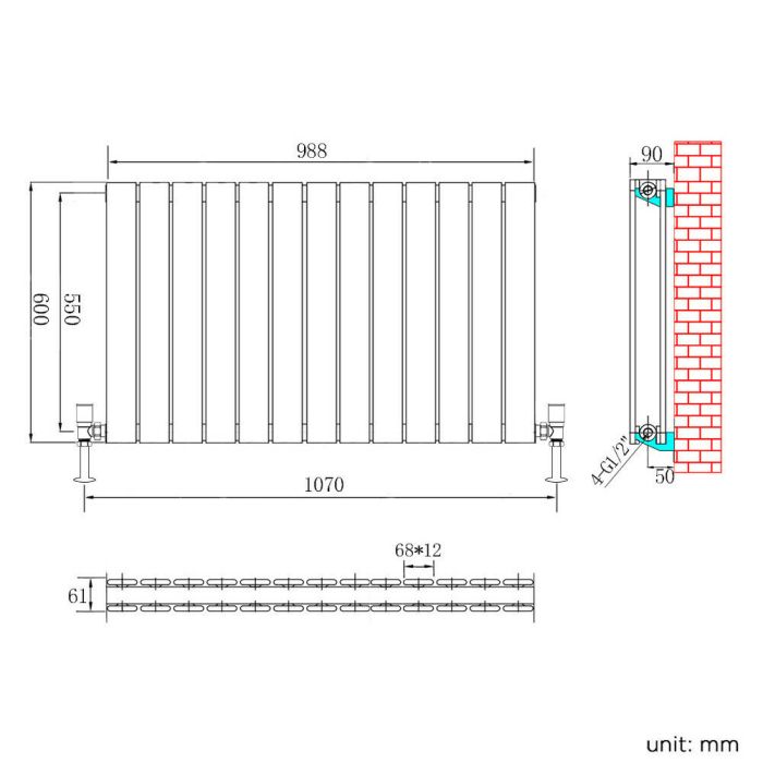 NILE 600x988mm Double White Horizontal Designer Radiator Flat Panel Modern Rads