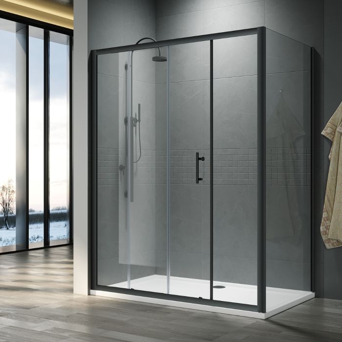 NILE Custom Size Black Sliding Shower Enclosure 6mm Glass Reversible Cubicle Door Screen Panel + Side Panel