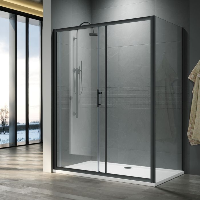NILE Custom Size Black Sliding Shower Enclosure 6mm Glass Reversible Cubicle Door Screen Panel + Side Panel