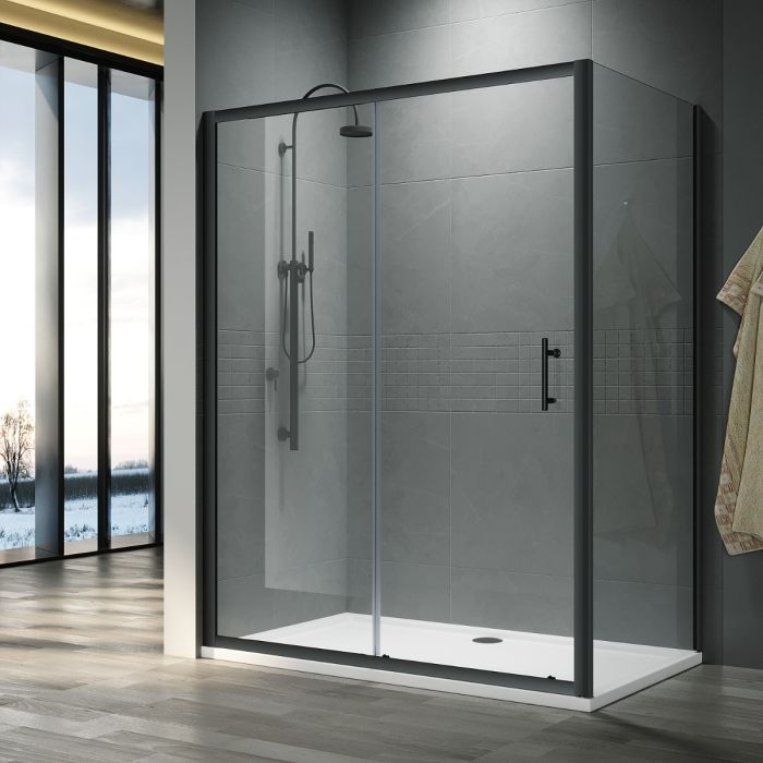 NILE Custom Size Black Sliding Shower Enclosure 6mm Glass Reversible Cubicle Door Screen Panel + Side Panel